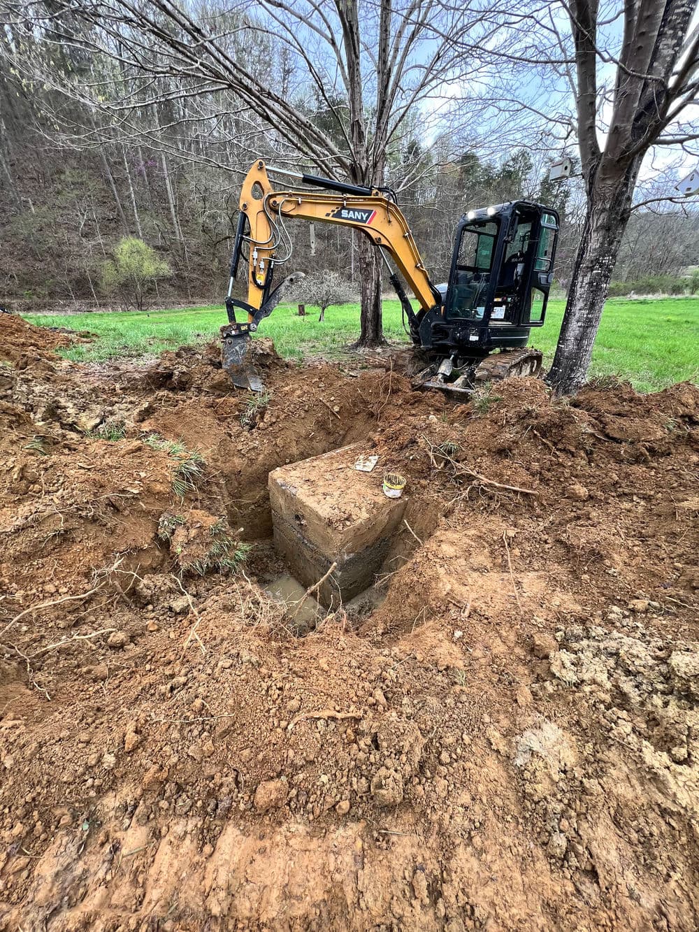 Excavator digging near a large stone in a grassy field surrounded by trees.