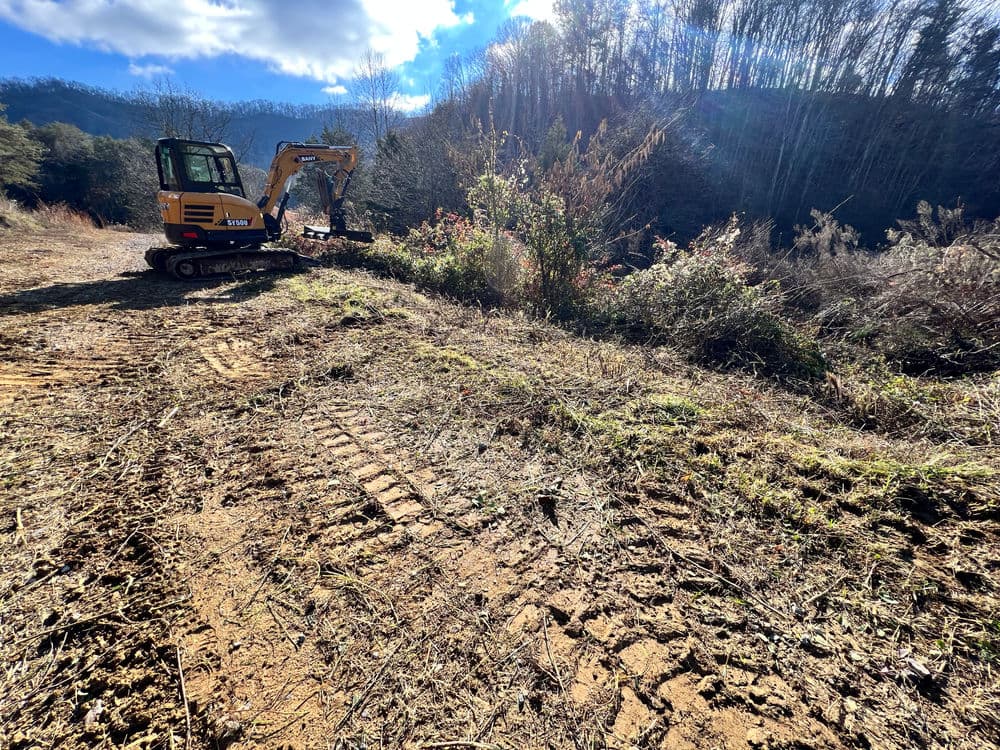 Excavator on a cleared field with tree line and blue sky in the background.